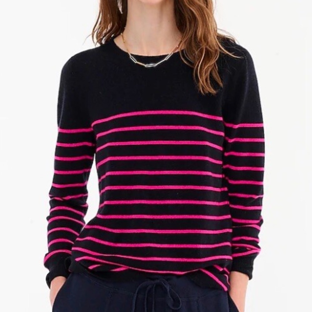 J. Crew Black and Pink Striped Crew Neck Sweater
